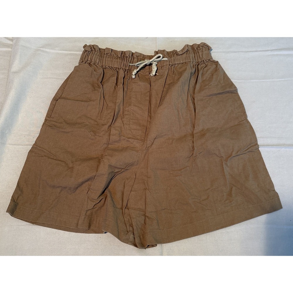 High Waisted Paperbag Shorts Brown Elastic Waist Rope Drawstring Casual Wide Leg